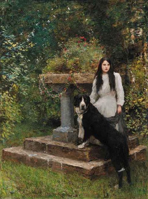 Sir Hubert von Herkomer,RA,RWS A young girl and her dog china oil painting image